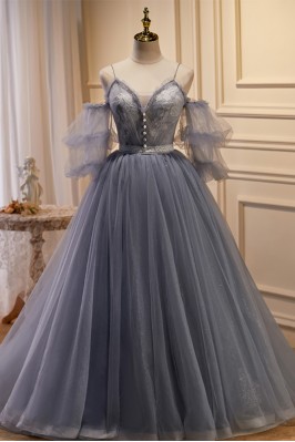 Grey Lantern-Sleeve Tulle...