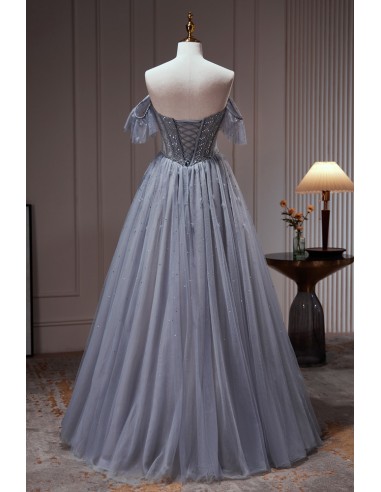 Elegant Dusty Blue Sequin Off-the-Shoulder Tulle Ball Gown DP8167 main image 0