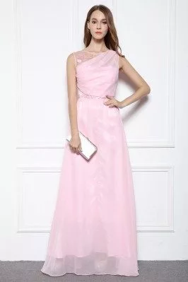 Pink Chiffon V Back Long Party Dress