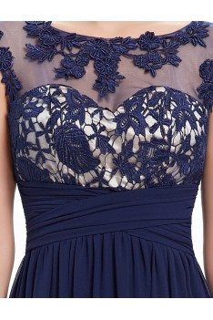 Navy Blue Cap Sleeve Long Chiffon Evening Dress - EP08441NB