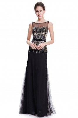 Women's Elegant Black Round Neck Tulle Evening Formal Dress - EP08602BK