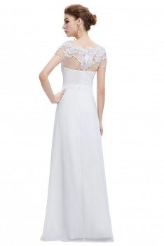 White A-line Boat Neck Sheer Lace Short Sleeves Evening Dress - EP08490WH