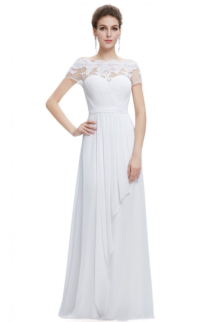 White A-line Boat Neck Sheer Lace Short Sleeves Evening Dress - $74 # ...