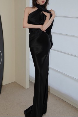 Black Floor-Length Satin Mermaid Gown with High Neck and Draped Detail -  $92.9925 #LL6021 - SheProm.com
