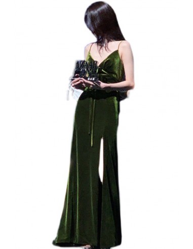 green velvet spaghetti strap dress Dark Green Velvet Mermaid Long Evening Prom Dresses, Side Slit Custom  Spaghetti Straps Prom Dresses, MR8313