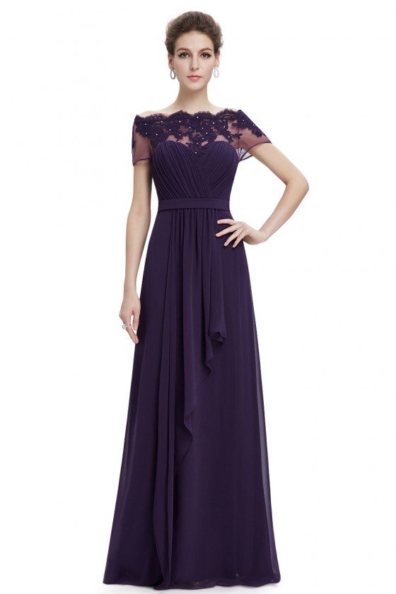 Dark Purple A-line Boat Neck Sheer Lace Short Sleeves Evening Dress ...