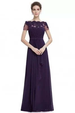 Dark Purple A-line Boat Neck Sheer Lace Short Sleeves Evening Dress ...