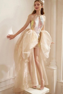 Sequin Halter Neck High-Low...