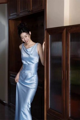 Light Blue Satin Sleeveless...