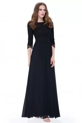 Elegant Black 3/4 Sleeve Lace Long Evening Dress - EP08412BK