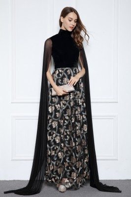 Designer High Neck Cape Style Black Formal Dress