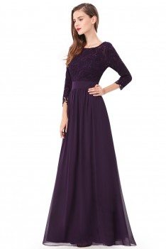 Elegant Dark Purple 3/4 Sleeve Lace Long Evening Dress - EP08412DP