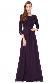 Elegant Dark Purple 3/4 Sleeve Lace Long Evening Dress - EP08412DP