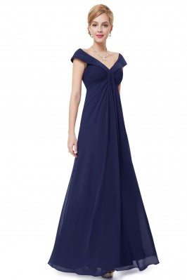 Navy Blue Chiffon V-neck Long Party Dress - EP08457NB