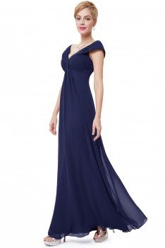 Navy Blue Chiffon V-neck Long Party Dress - EP08457NB
