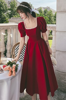 Red Puff Sleeve Midi Dress...