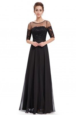 Black Illusion Neckline Half Sleeves Long Chiffon Formal Dress - EP08459BK