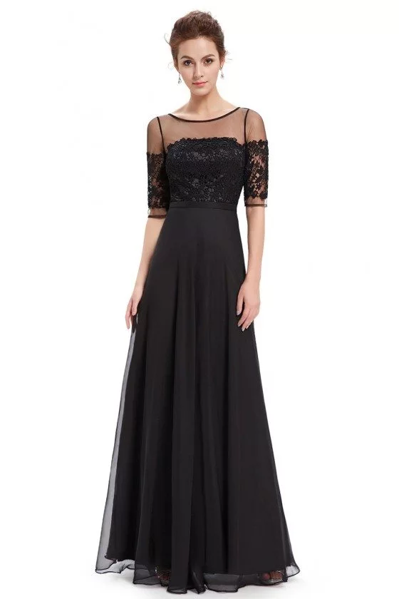 Black Illusion Neckline Half Sleeves Long Chiffon Formal Dress - $59 # ...