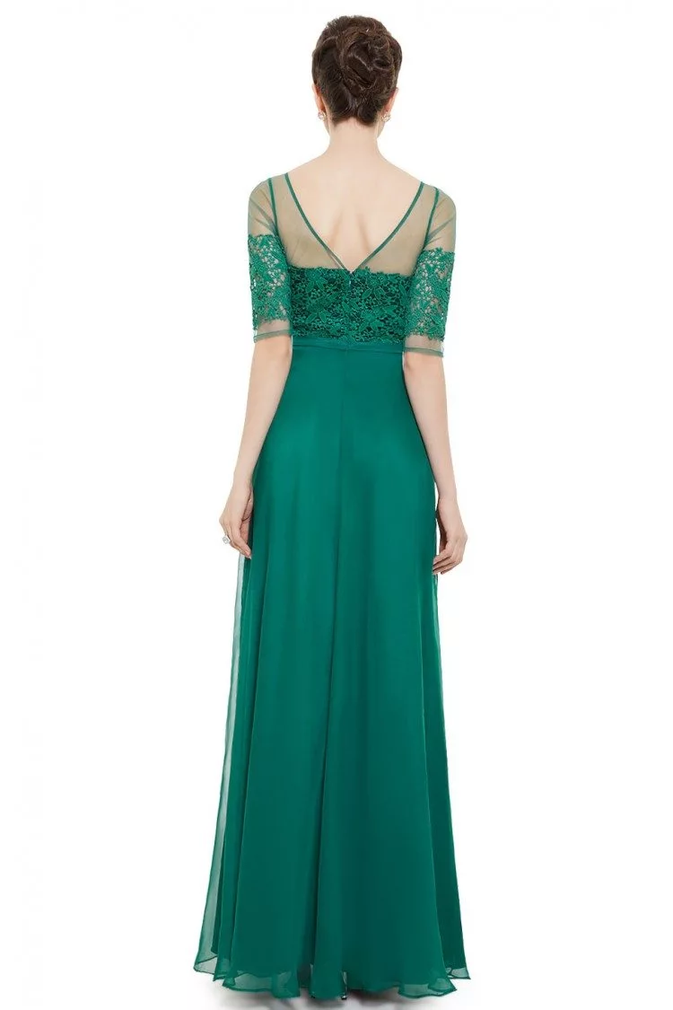 Dark Green Illusion Neckline Half Sleeves Long Chiffon Formal Dress ...