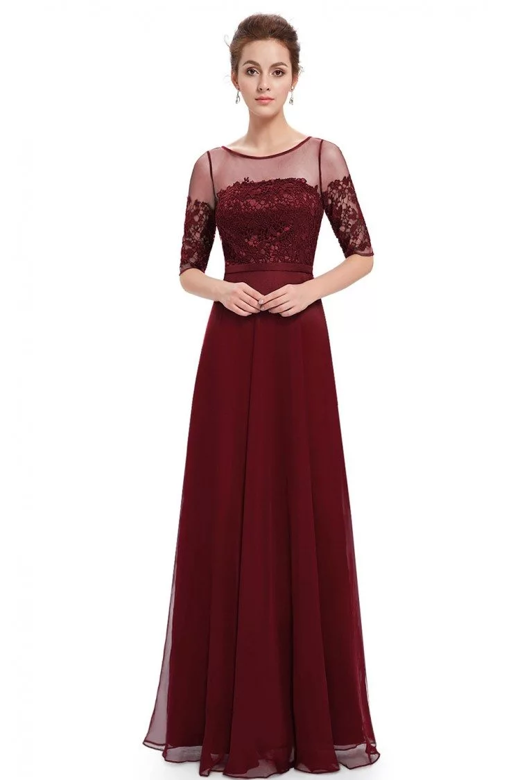 Burgundy Illusion Neckline Half Sleeves Long Chiffon Formal Dress - $59 ...