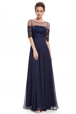 Navy Blue Illusion Neckline Half Sleeves Long Chiffon Formal Dress - EP08459NB
