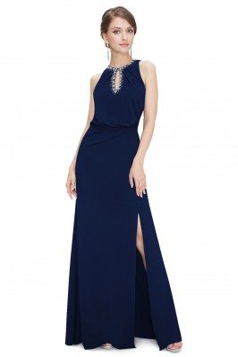 Navy Blue Keyhole Neckline Mermaid Long Slit Prom Dress - EP08383NB