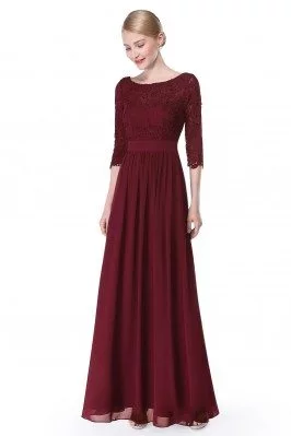 Elegant Burgundy 3/4 Sleeve Lace Long Evening Dress - EP08412BD