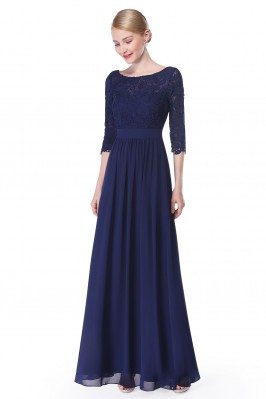 Elegant Navy Blue 3/4 Sleeve Lace Long Evening Dress - EP08412NB