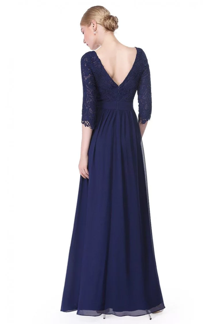 Elegant Navy Blue 3/4 Sleeve Lace Long Evening Dress - $62.04 # ...