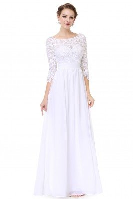 Elegant White 3/4 Sleeve Lace Long Evening Dress - EP08412WH