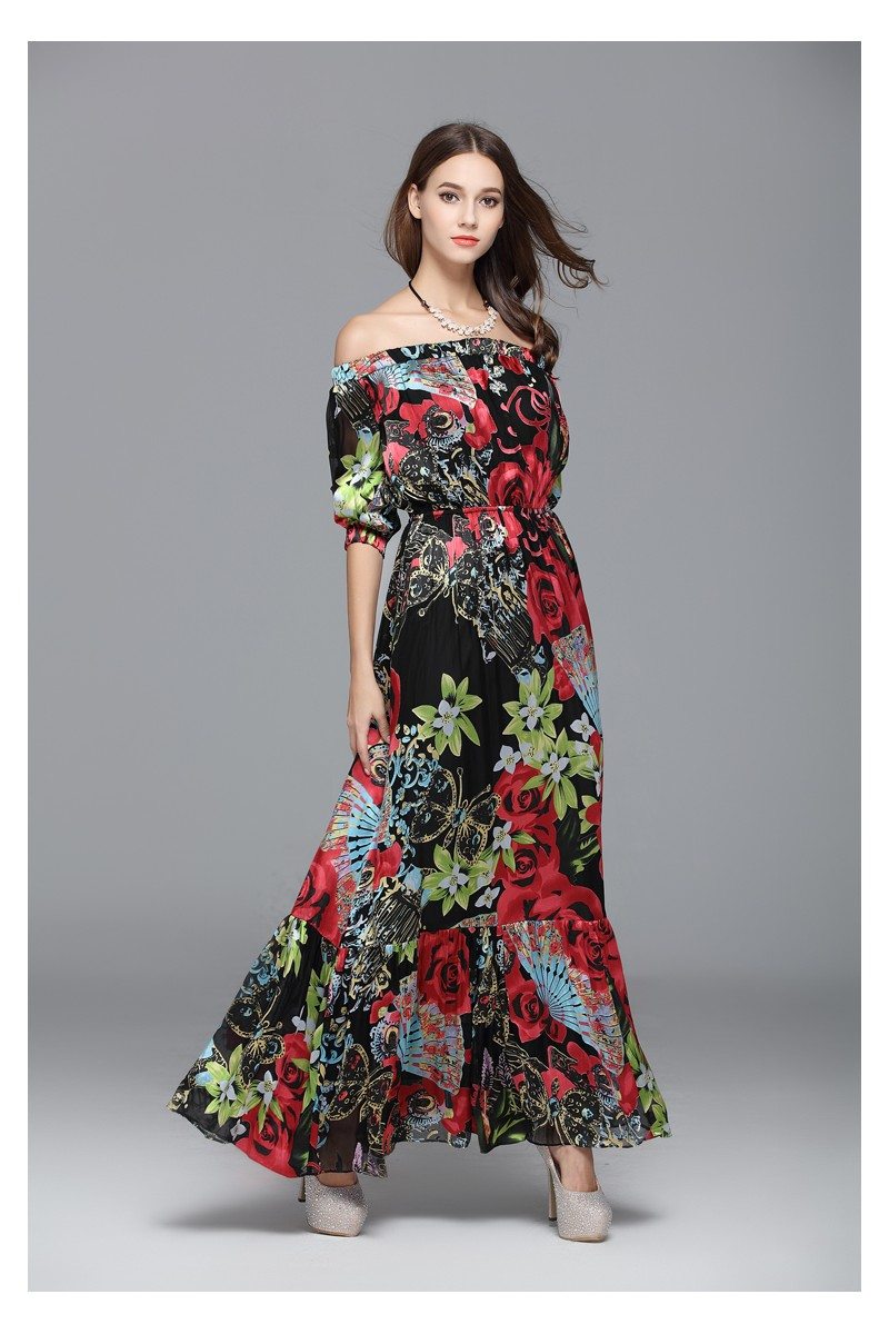 Off Shoulder Floral Printed Silk Long Party Dress - $148 #CK574 ...