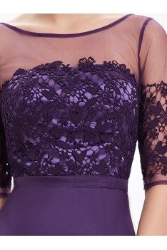 Deep Purple Illusion Neckline Half Sleeves Long Chiffon Formal Dress - EP08459DP