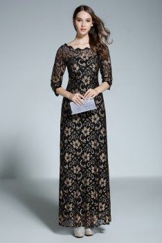 Black Lace Half Sleeve Formal Long Dress
