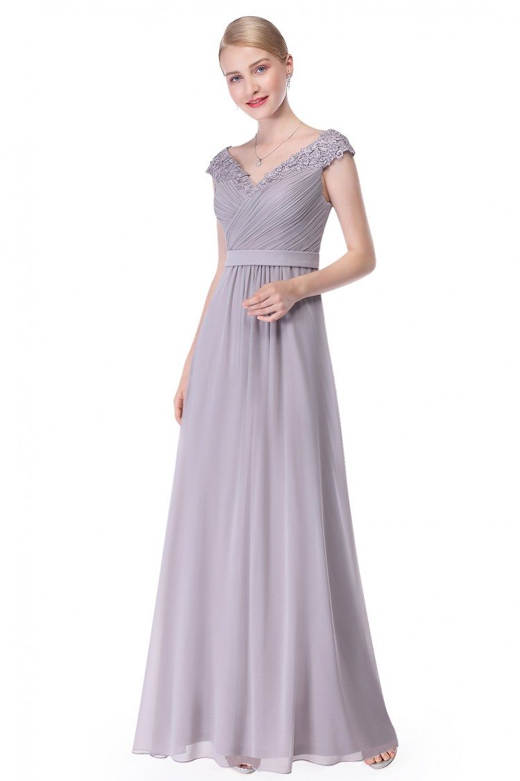 Grey Beaded Lace Cap Sleeve Long Prom Dress - $86 #EP08633GY - SheProm.com