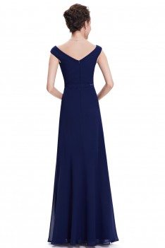 Women's Elegant Chiffon Navy Blue V-neck Evening Dress - EP08642NB