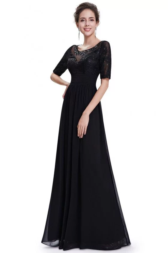 Beaded Long Black Evening Party Dress with Sleeves - $78.02 #EP08655BK ...