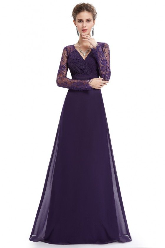 Dark Purple V-neck Lace Long Sleeve Evening Prom Dress - $59 #EP08692DP ...