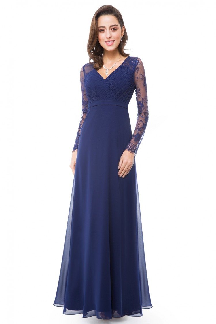 Navy Blue V-neck Lace Long Sleeve Evening Prom Dress - $55.46 # ...