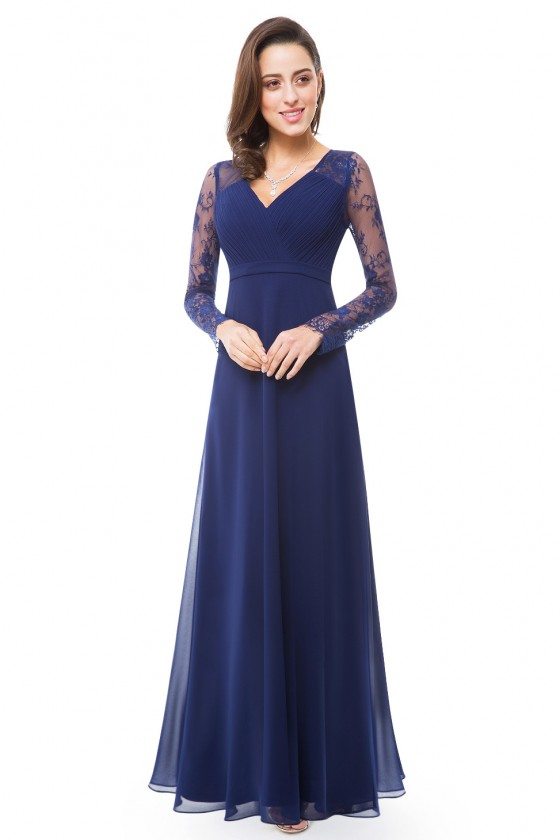 Navy Blue V-neck Lace Long Sleeve Evening Prom Dress - $59 #EP08692NB ...