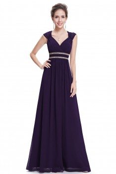 Dark Purple V-Neck Beaded Waist Chiffon Long Prom Dress - $53 # ...