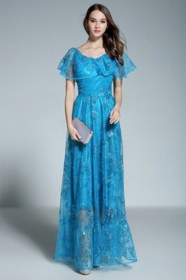 Blue Ruffles Neck Embroidery Long Formal Gown