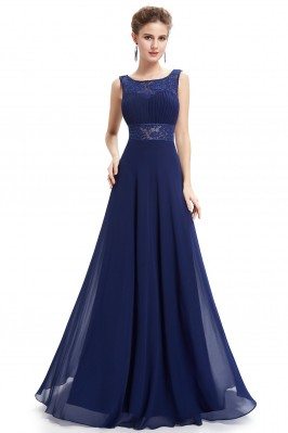 Navy Blue Beaded Lace Long Evening Party Dress - EP08741NB