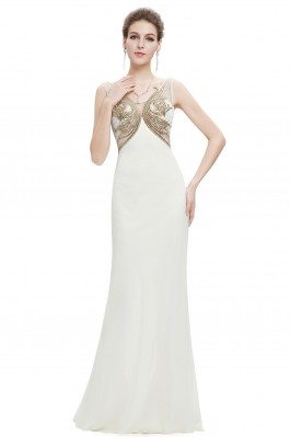 Gold and White Long Sheer Back Evening Dress - EP08745CR