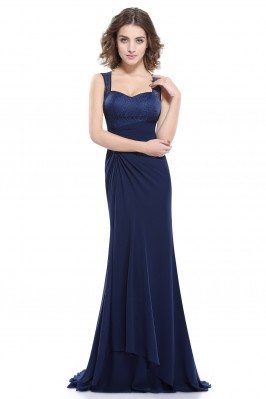 Navy Blue Simple Sheer Lace Long Evening Party Dress - EP08776NB