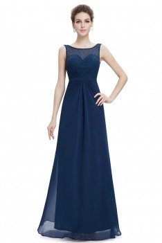 Navy Blue Round Neck Long Evening Party Dress - EP08781NB