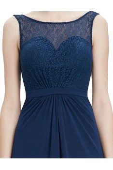 Navy Blue Round Neck Long Evening Party Dress - EP08781NB