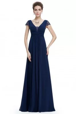 Navy Blue Lace Short Sleeve Long Evening Dress - EP08787NB