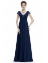 Navy Blue Lace Short Sleeve Long Evening Dress - EP08787NB