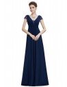 Navy Blue Lace Short Sleeve Long Evening Dress - EP08787NB