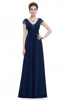 Navy Blue Lace Short Sleeve Long Evening Dress - EP08787NB